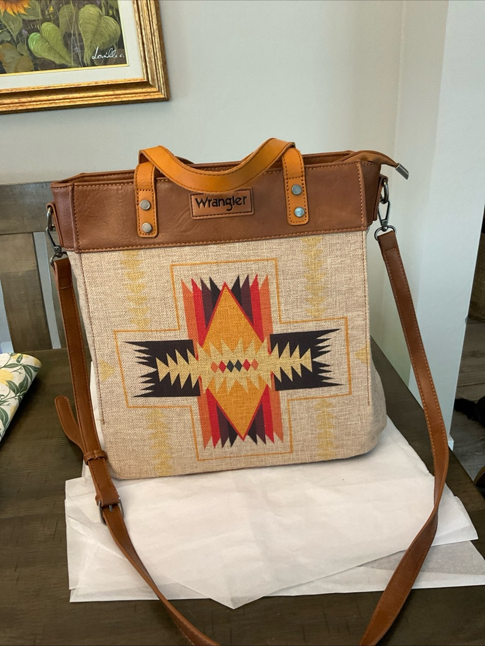 Wrangler Aztec Southwestern Tote Bag Canvas Faux Leather Trim Handles